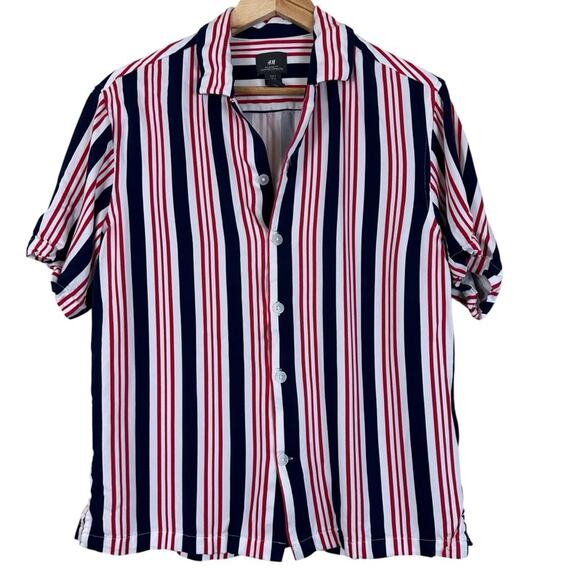 H&M Button Down Shirt Mens S Red White Blue Striped Relaxed Blokecore Retro 90s - Picture 1 of 5